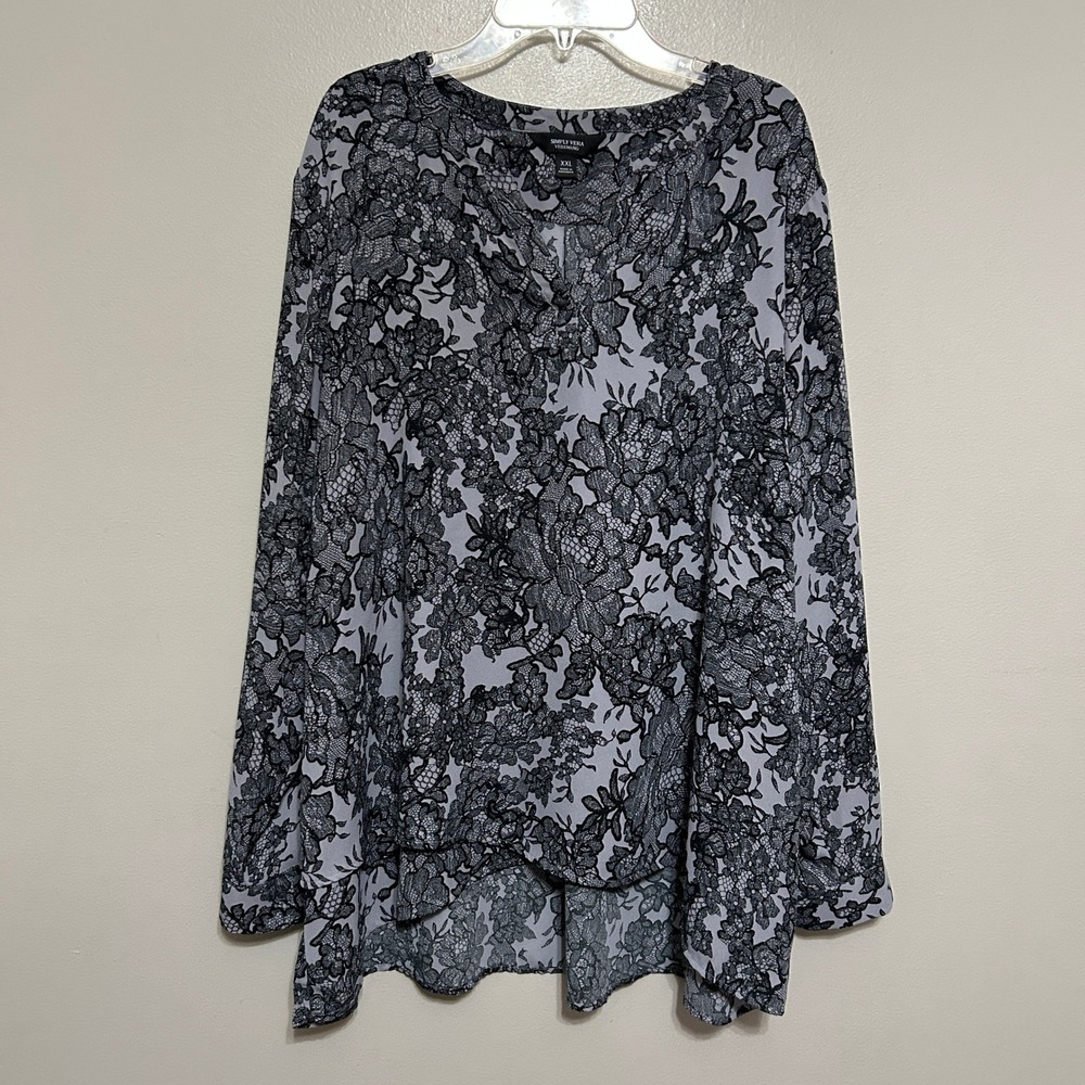 Simply Vera Vera Wang Tunic Blouse XXL Grey Black Roll Tab Floral Lace Gothic